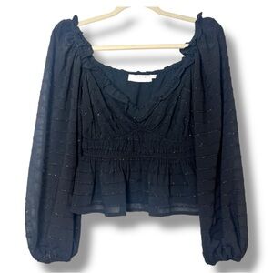 ASTR the Label Black Metallic Ruffle V-Neck Peplum Top Whimsigoth Boho‎ Small